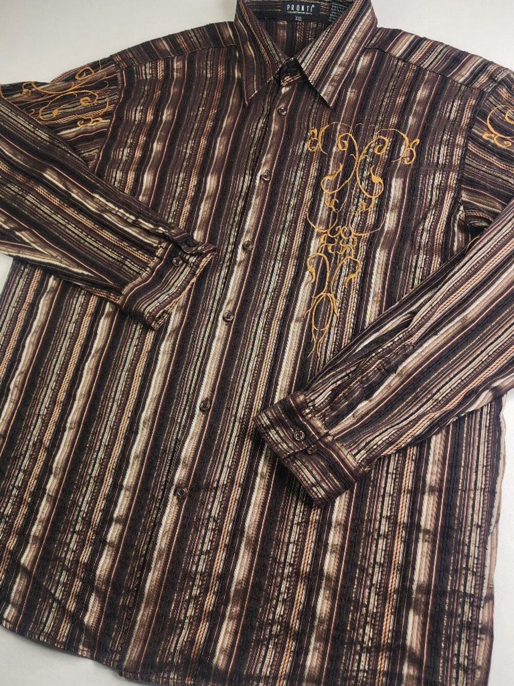 Pronti Mens XXL Brown Gold Embroidered Western Striped Long Sleeve Button Down